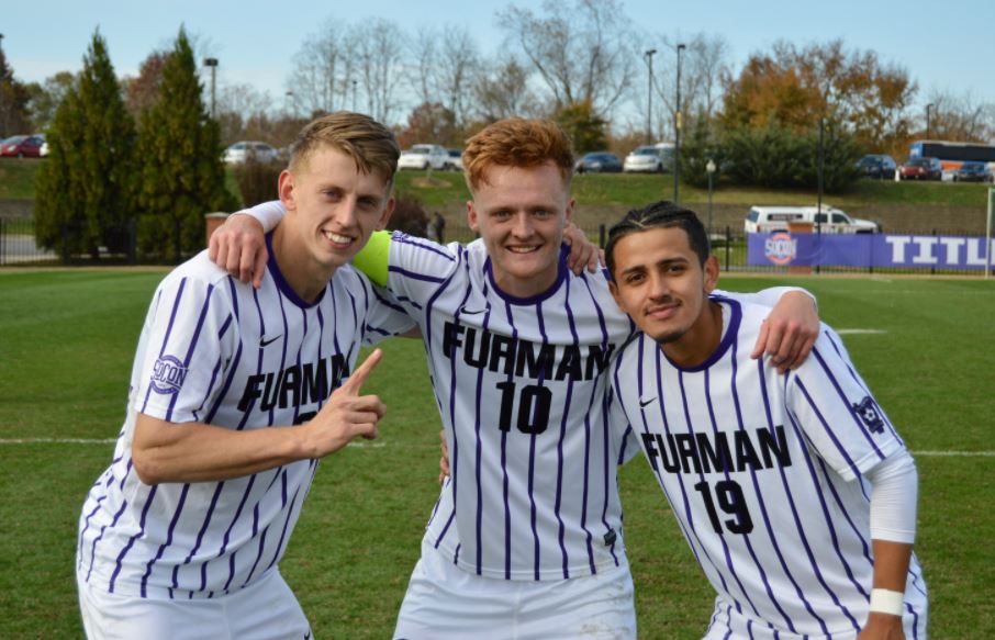 Seniors Laurence Wyke, Danny Kierath and Rocky Guerra (left to right) following Furman Soccers 2018 Southern Conference Championship win against UNCG