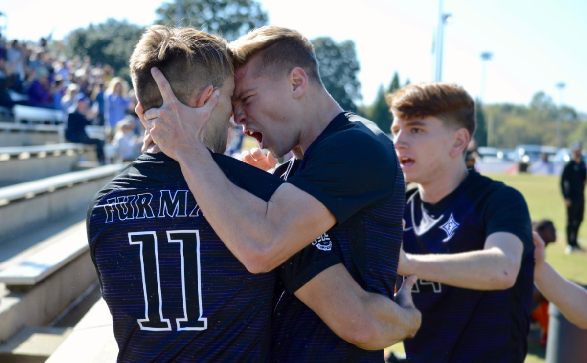 Conor Sloan and Cole Mclagan celebrate an equalizer in last years Southern Conference Tournament.