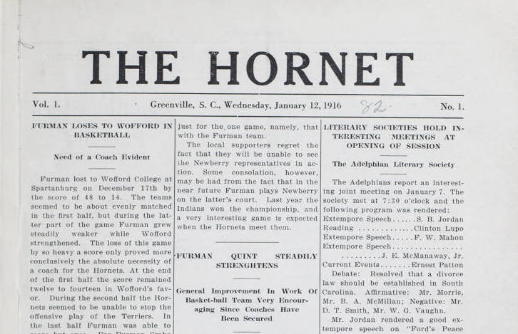 The first issue of The Paladin, originally called The Hornet, features a story about Furmans sports rivalry with Wofford. 