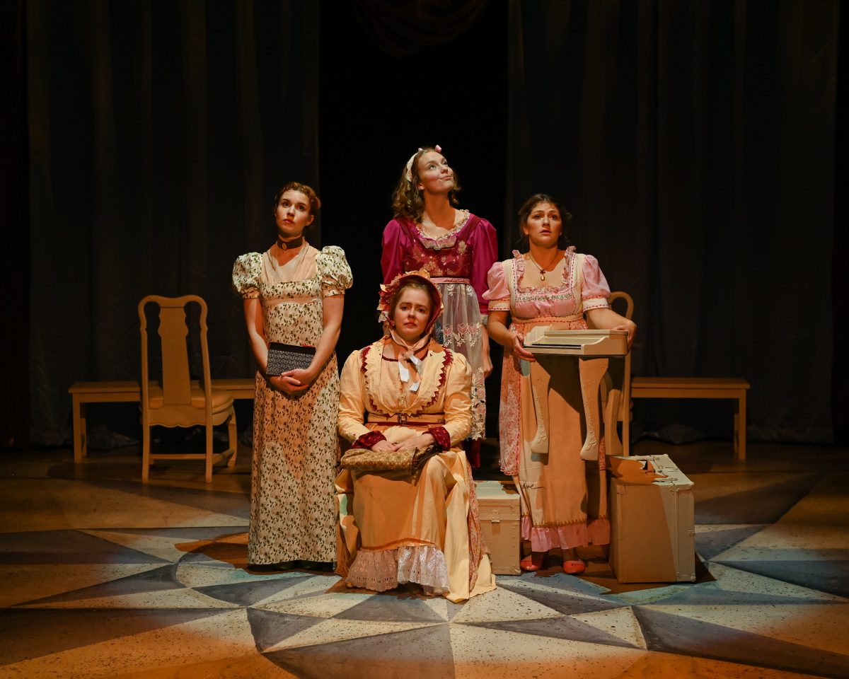 Brittany Pirozzoli as Elinor (left), Aaron Ballard as Mrs. Dashwood (front), Katherine Cannon as Margaret (center) and Clare Ruble as Marianne (right).