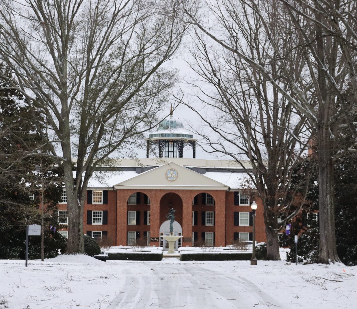 Snow covered campus last Sunday after Winter Storm Izzy delivered several inches of snow. Pictured is the front of Judson Hall, the main entrance to Clark Murphy housing Complex