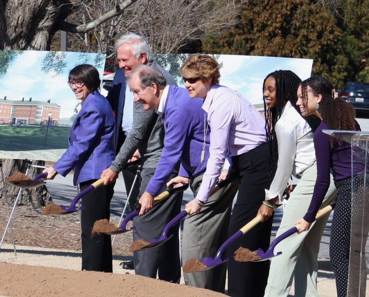 (From Left to Right, Vice President of Student Life Connie Carson, Trustee David Hauser, Trustee Ed Good, President Elizabeth Davis, Resident Assistant Brianca Beckford, and Student Body President Asha Marie break ground on Blackwell Field.)