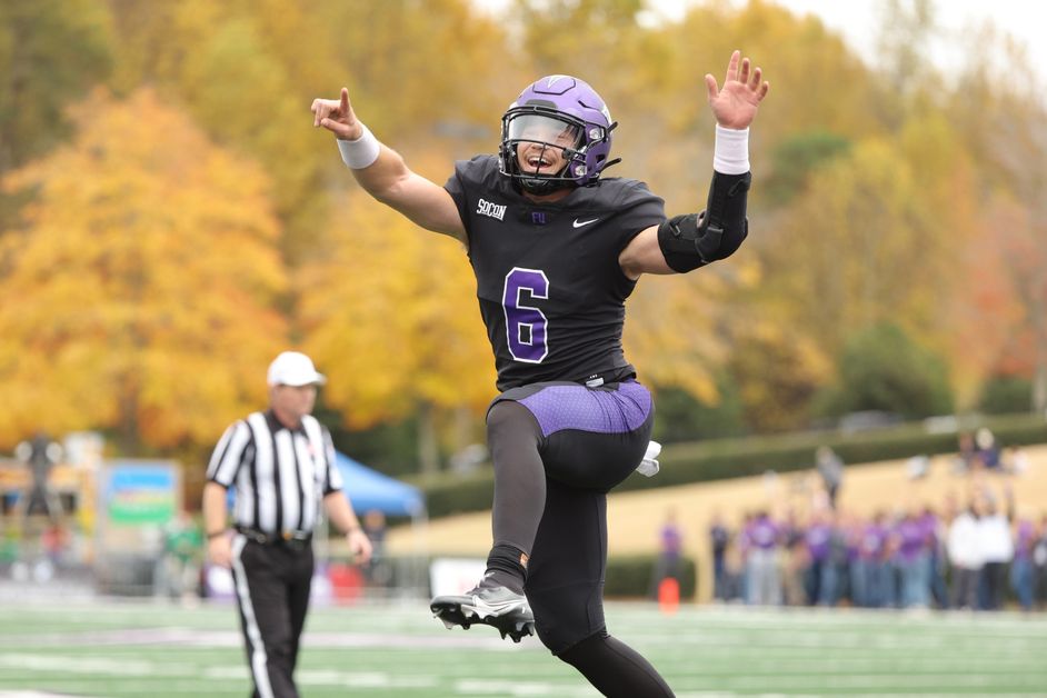 Furman QB Tyler Huff does a little dance after a Paladin touchdown versus Chattanooga Saturday.