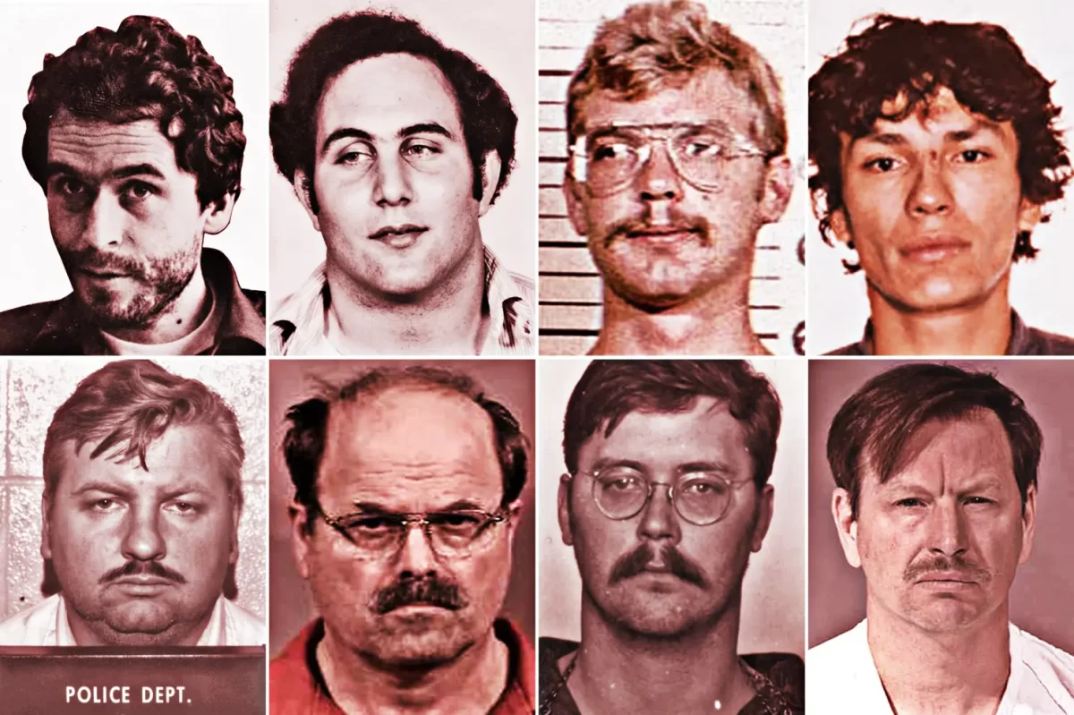A collage showing various infamous American serial killers. Top row, left to right: Ted Bundy, David Berkowitz, Jeffrey Dahmer, Richard Ramirez. Bottom row, left to right: John Wayne Gacy, Dennis Rader, Edmund Kemper and Gary Ridgway
