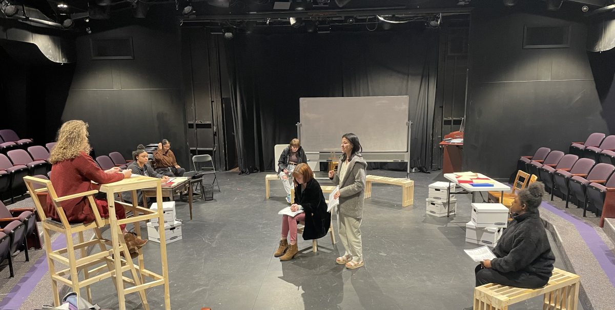 A photo from rehearsals. From left to right: Lucy Gamblin 26, Jamese Corbitt 26, Dayanari Umaña ‘18, Andra Enache 24, Zoee Lawrence 25, Casey Norei Funderburk 24, and Ciara Cox 25