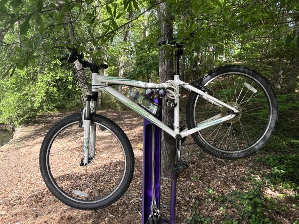 Bike on one of the three outdoor bike repair stations on Furman's campus.