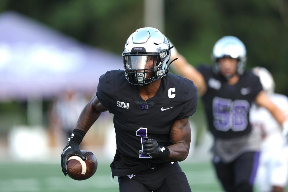 Fifth-year senior cornerback and team captain Travis Blackshear returns an interception for a touchdown early in the first quarter against Tennessee Tech. Courtesy of Furman Athletics
