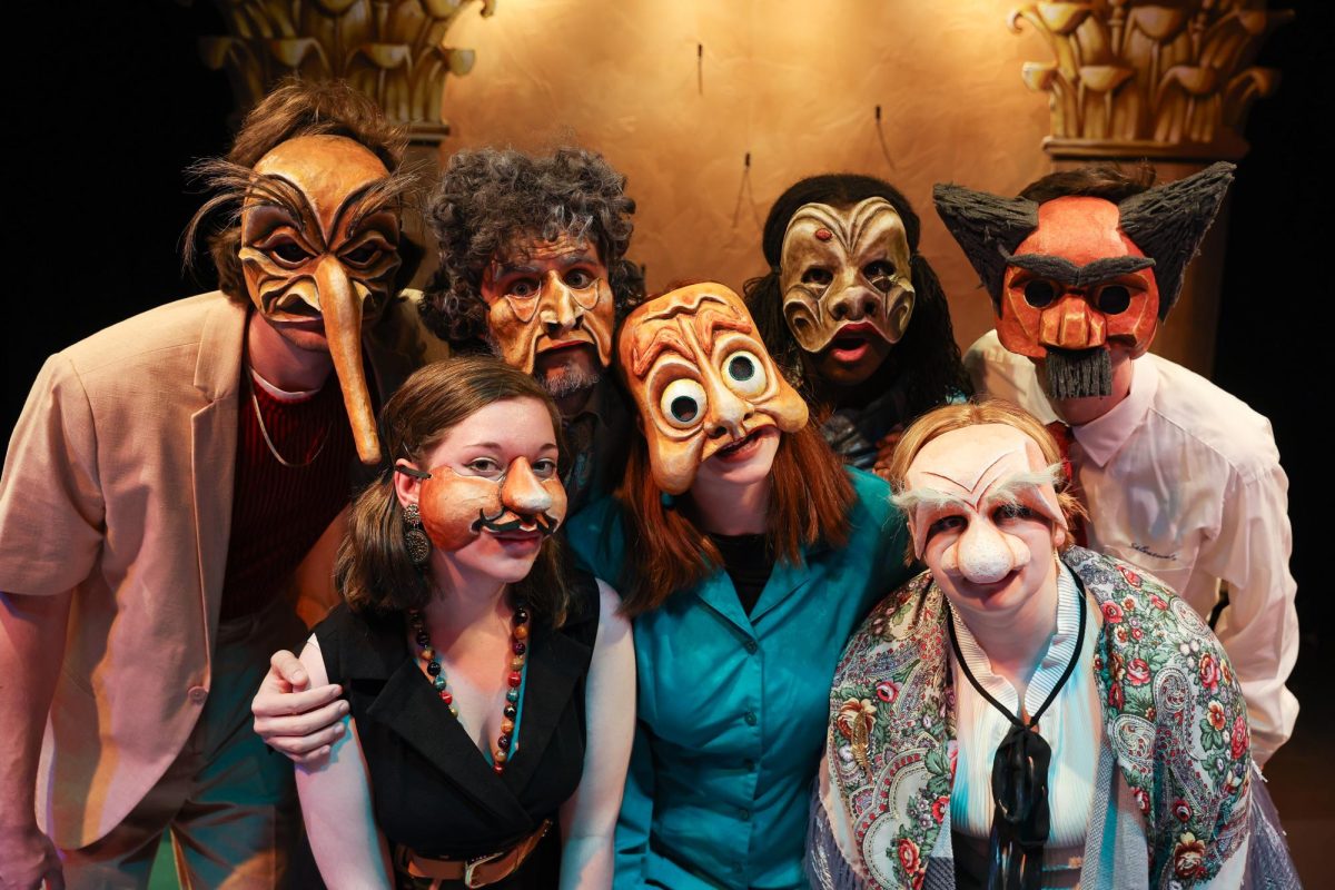 The cast of Screentime wearing their masks crafted by Doug Berky. Left to right: Jonathan Wood 25, Paige Hemmer 25, Seth Milton Jones 25, Zoee Lawrence 25, Alysha Matthews 24, Allison Dewberry 27, and Houston Hearn 27