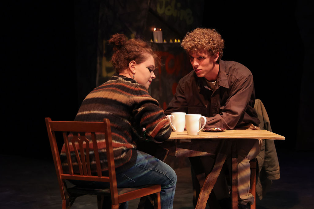 Danielle (Annie Dykstra '26) and JB (Hobbs Chambers '28) discuss Celie's disappearance.